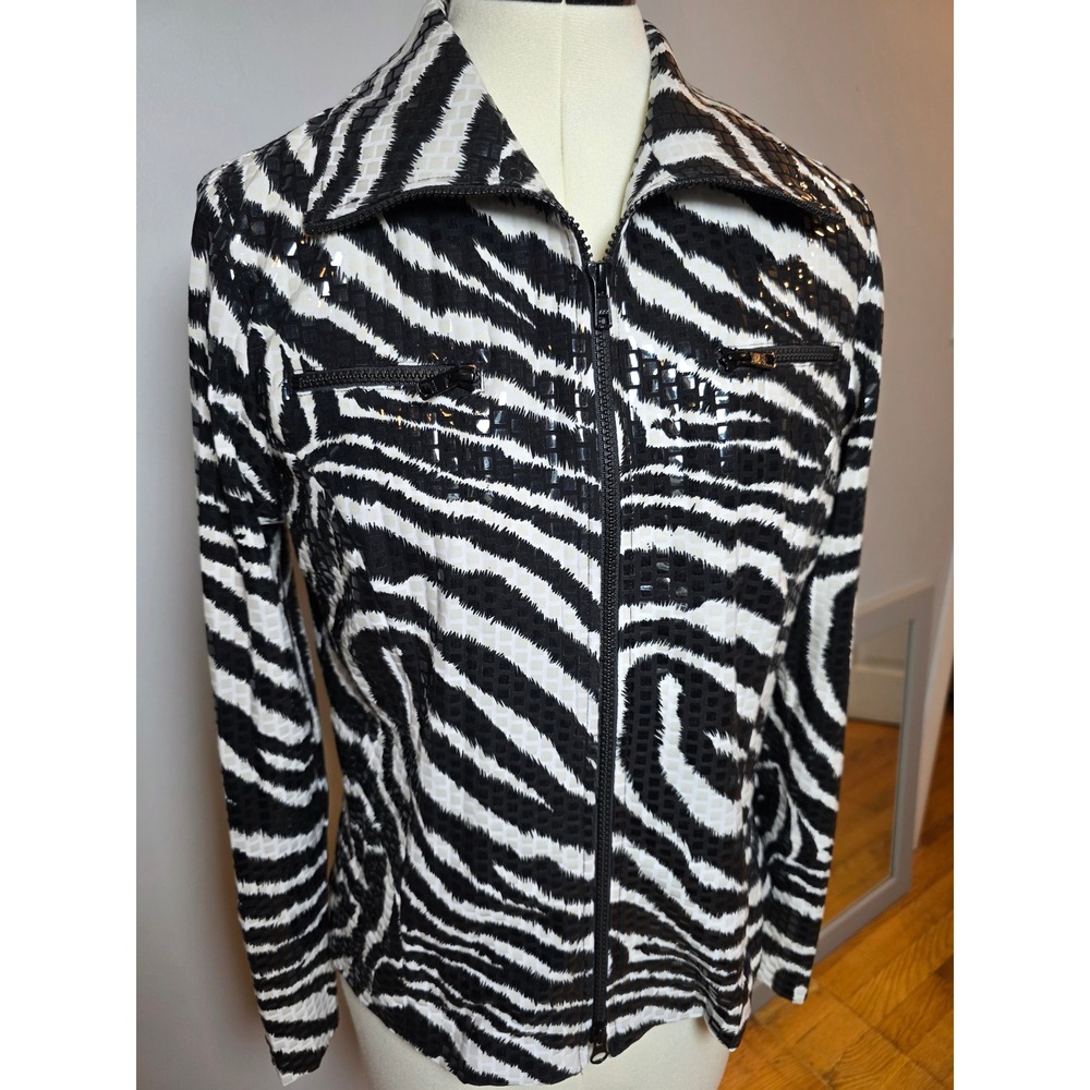 Nabi Patchington Zebra Shimmer Novelty Jacket Sequin Zip Front Y2K Biker Medium